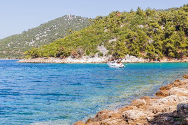 Parlak ve berrak sularda demirli parlak beyaz bir yat. Güneşli bir gökyüzünün altında, kayalık, ağaçlarla kaplı bir sahil şeridine yakın..