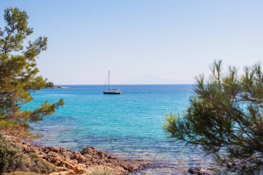 Turkuaz Sular, Huzurlu Okyanus Sahnesi, Idyllic Yaz Manzarası 'nda Yelkenli ile Huzur Sahil Manzarası