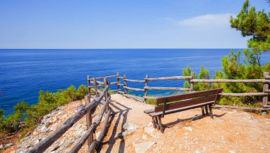 Ahşap bir bank, kırsal bir çit ve yemyeşil verimli bir çit içeren sakin kıyı manzarası, berrak bir gökyüzü altında engin mavi okyanusu nefes kesici bir manzara sunuyor..