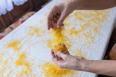 Taze Yapılmış Makarna İpliklerini Renkli Yüzeyde Tutan Eller