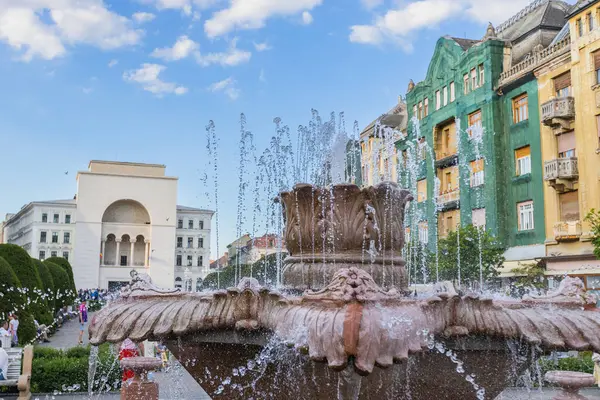 Timisoara 'nın canlı Zafer Meydanı' ndaki (Piata Victoriei) süslü Balık Çeşmesi 'nin yakın çekimleri, Romanya Ulusal Opera cephesi de dahil olmak üzere tarihi binaların bir zeminine püskürtülen suyu yakalıyor..