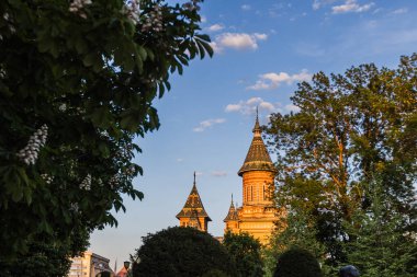 Timisoara Ortodoks Katedrali 'nin ikonik kulelerinin ve bereketli ağaçların üzerinde yükselen kubbelerinin büyüleyici manzarası..