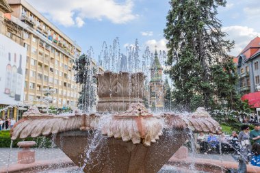 Romanya 'nın Timisoara kentindeki Zafer Meydanı' ndaki ünlü Balık Çeşmesi 'nin yakın plan görüntüsü..