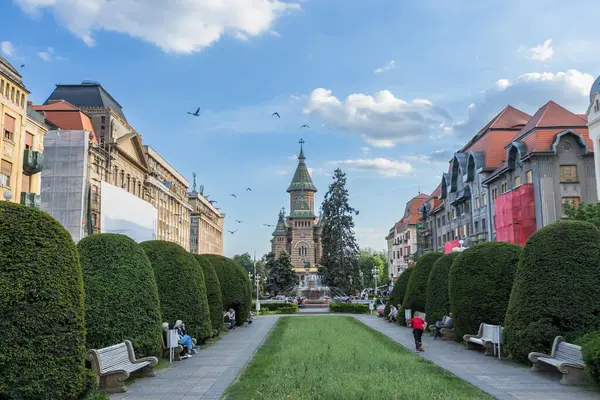 Timioara 'daki Zafer Meydanı (Piaa Victoriei) manzarası, manikürlü bahçeler, yürüyüş yolları, banklar ve mavi gökyüzünün altında kulesi olan ikonik kültürel yapı..