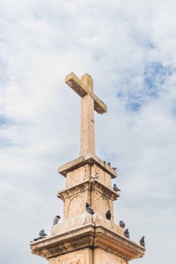 Tanınmış taş haç heykeli, Sırbistan 'ın Vrsac kentinde tüneyen güvercinlerle süslenmiş sakin bir halk parkında veya meydanda duruyor..