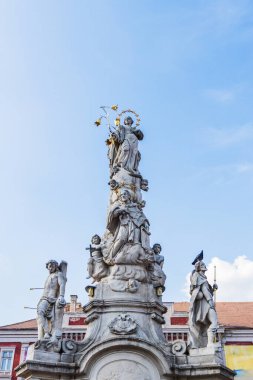 Romanya 'nın Timisoara kentindeki tarihi Özgürlük Meydanı' nda belirgin bir şekilde duran, birden fazla figür ve heykelle süslenmiş uzun ve süslü taş bir heykelin ayrıntılı manzarası.