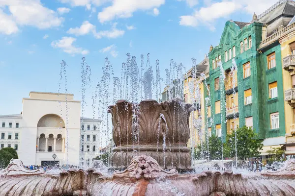 Romanya 'nın Timisoara kentindeki süslü bir çeşmenin ayrıntılı bir görüntüsü, mimari özelliklerini ve su gösterisini renkli binaların zeminine karşı sergiliyor.