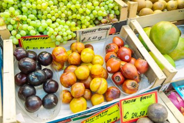 Yeşil üzümler, koyu erikler, el yazması etiketli portakal hurmaları ve otantik Akdeniz ürünleri içeren taze mevsimlik meyveler sergileyen canlı bir Yunan market tezgahı.