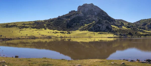 西班牙阿斯图里亚斯平静的风景 美丽的山脉和厄西尼亚湖映衬着天空 一个完美的自然景观全景奇观 — 图库照片