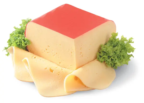 Gelber Käse Mit Salat Auf Weißem Hintergrund Stockfoto