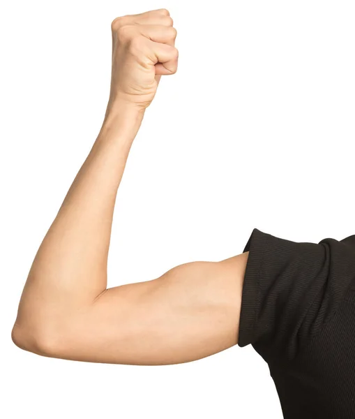 Mujer Flexionando Sus Bíceps Aislados Sobre Fondo Blanco —  Fotos de Stock