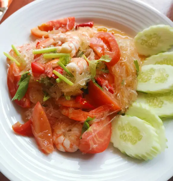 Thai Spicy Noodle Salad Shrimps Stock Photo