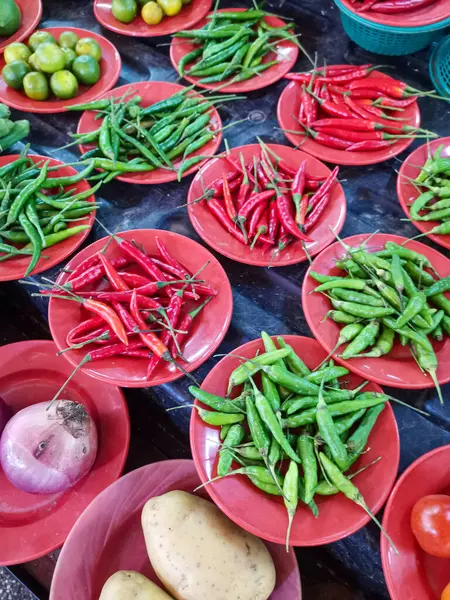 Green Red Hot Chilli Peppers Market Stock Photo
