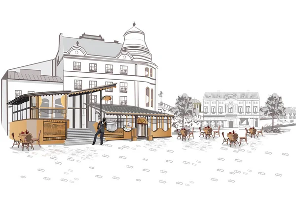 一系列的背景装饰着鲜花 古老的城镇景色和街边咖啡馆 咖啡店的窗户带有历史建筑的手绘矢量建筑背景 免版税图库插图
