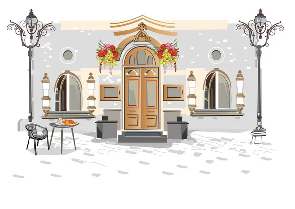 一系列的背景装饰着鲜花 古老的城镇景色和街边咖啡馆 咖啡店的窗户带有历史建筑的手绘矢量建筑背景 — 图库矢量图片