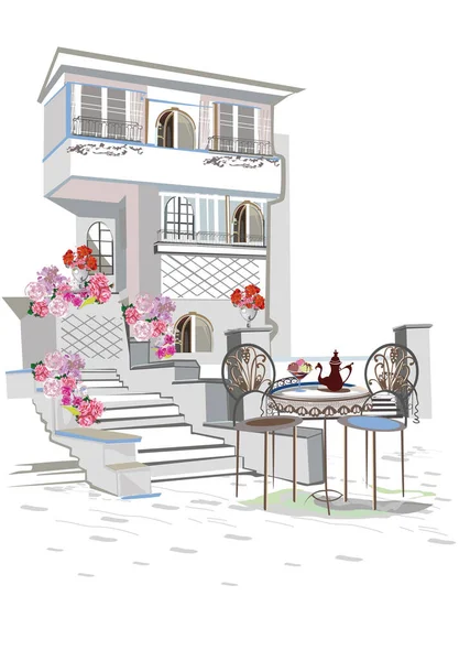 Série Fundos Decorados Com Flores Vistas Cidade Velha Cafés Rua Ilustrações De Bancos De Imagens Sem Royalties