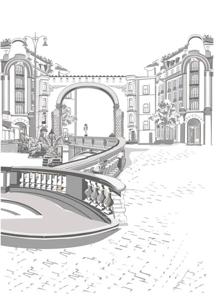 Серия Видов Улицу Старом Городе Ручной Рисунок Векторного Архитектурного Фона — стоковый вектор