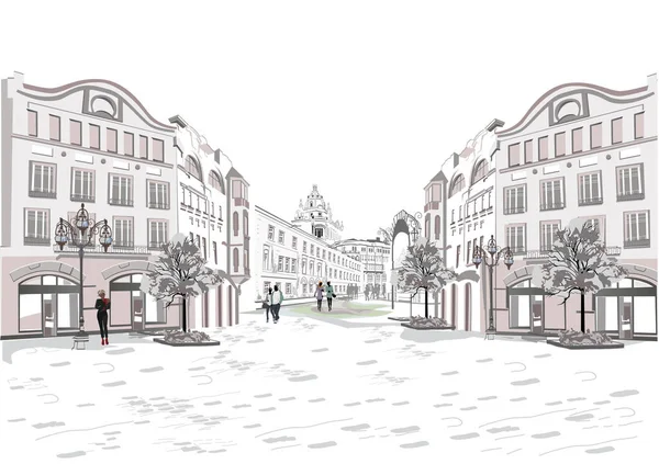 旧市街の通りの景色のシリーズ 歴史的な建物と手描きベクトル建築旅行の背景 黒と白のスケッチ — ストックベクタ