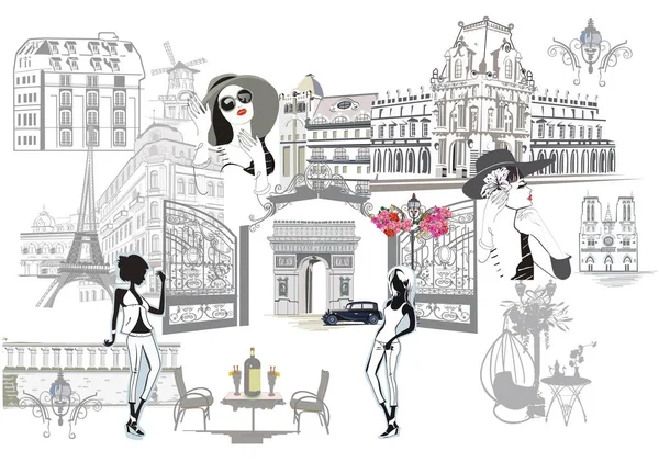 Conjunto Símbolos Parisienses Com Cafés Meninas Moda Músicos Fundo Vetorial — Vetor de Stock