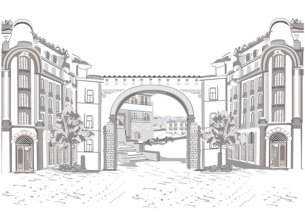 旧城的一系列街景 手工绘制的矢量建筑旅行背景与历史建筑 黑白素描 免版税图库矢量图片