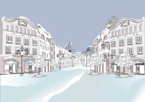 冬季旧城的一系列五彩缤纷的街景 带有历史建筑的手绘矢量建筑背景 — 图库矢量图片