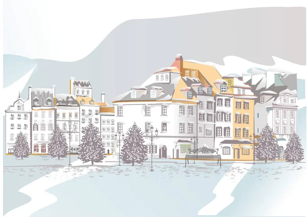 冬の旧市街でカラフルな通りの景色のシリーズ 手描きベクトル建築の背景と歴史的建造物 — ストックベクタ