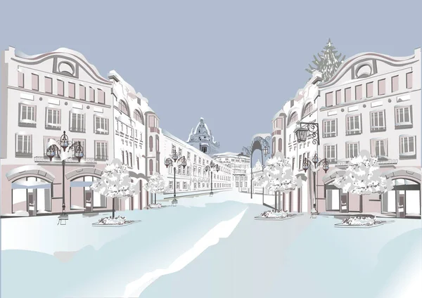Serie Van Kleurrijke Uitzicht Straat Oude Stad Winter Handgetekende Vector Vectorbeelden