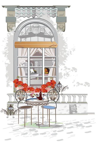 一系列的背景装饰着鲜花 古老的城镇景色和街边咖啡馆 咖啡店的窗户带有历史建筑的手绘矢量建筑背景 — 图库矢量图片