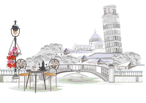 一系列的旅行背景 意大利景点 街边咖啡馆和建筑景观 比萨塔 手工绘制的矢量图解 — 图库矢量图片