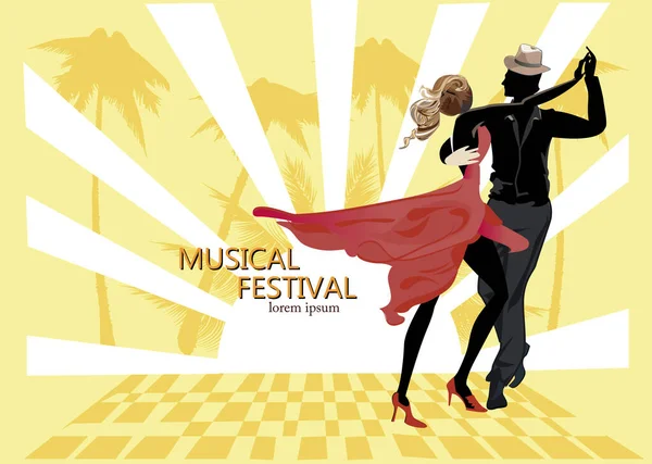 在激情四射的拉丁美洲舞蹈中 美丽的一对浪漫情侣 萨尔萨节手绘海报背景 — 图库矢量图片