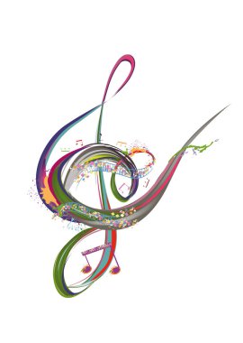 Soyut müzikal tasarım, üç tuşlu bir anahtar ve renkli sıçramalar, notalar ve dalgalar. Renkli üç katlı anahtar. El çizimi vektör illüstrasyonu.