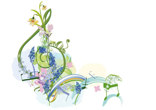 春天的音乐 摘要用鸟类 水仙花等花朵装饰的三叶草 手绘矢量图解 — 图库矢量图片