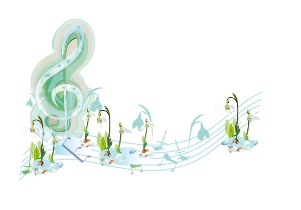 Jarní Hudba Abstraktní Trojitá Klika Zdobená Ptáky Sněhovými Kapkami Narcisy — Stockový vektor