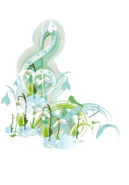 春の音楽 水仙や他の花で飾られた抽象的な高音の崖 手描きベクトルイラスト — ストックベクタ