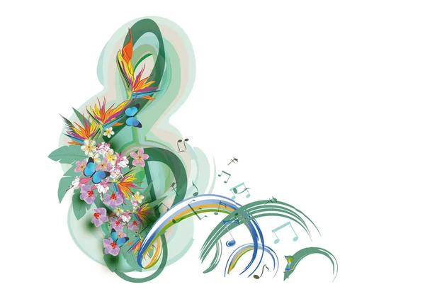 Abstract Treble Clef Decorated Summer Spring Flowers Palm Leaves Notes — 图库矢量图片