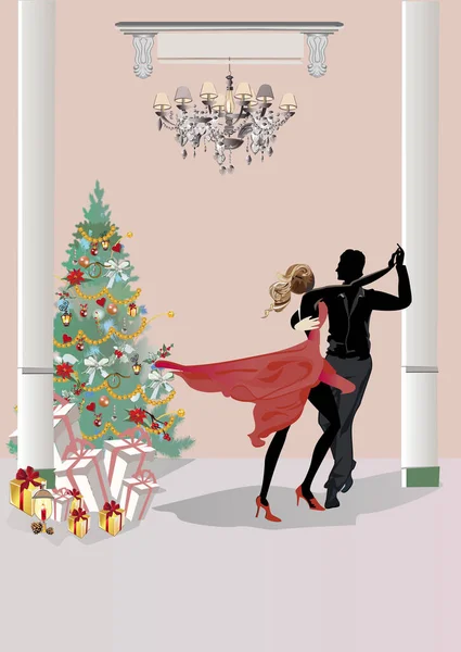 Táncoló Pár Karácsonyi Partin Karácsonyi Szoba Belseje Karácsonyfával Kézzel Rajzolt — Stock Vector