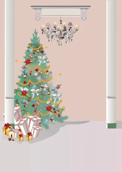 Karácsonyi Szoba Belső Egy Karácsonyfa Nyaralás Ajándékokat Kézzel Rajzolt Vektor — Stock Vector