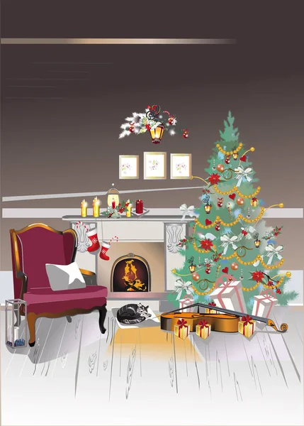 Interior Kamar Natal Dengan Kursi Lengan Retro Dan Perapian Pohon - Stok Vektor
