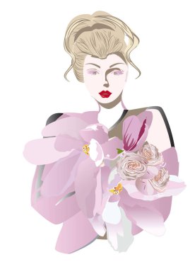 Güzel bir kızın yüzü, çiçekle süslenmiş kıvırcık saçlar ve çizgilerle süslenmiş kelebekler. Vektör illüstrasyonu.