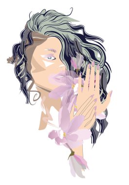 Güzel bir kızın yüzü, çiçekle süslenmiş kıvırcık saçlar ve çizgilerle süslenmiş kelebekler. Vektör illüstrasyonu.