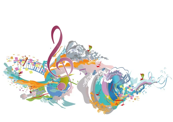 高音とカラフルなスプラッシュ ノートや波と抽象的な音楽デザイン カラフルな高音の崖 手描きベクトルイラスト — ストックベクタ