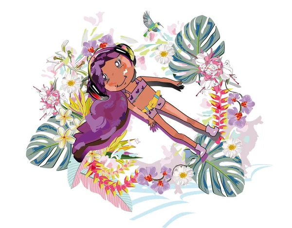花やヤシの葉 紙のスタイルで飾られた漫画のファッションの女の子とデザイン 手描きベクトルイラスト用Tシャツ カバー グリーティングカード等 — ストックベクタ