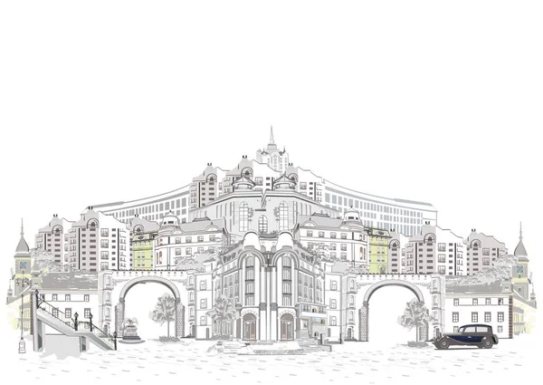 旧市街の通りの景色のシリーズ 歴史的な建物と手描きベクトル建築旅行の背景 黒白のスケッチ — ストックベクタ