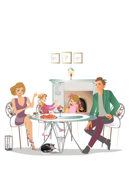 Мать Отец Дети Проводят Время Праздничным Семейным Ужином Векторная Цветная — стоковый вектор
