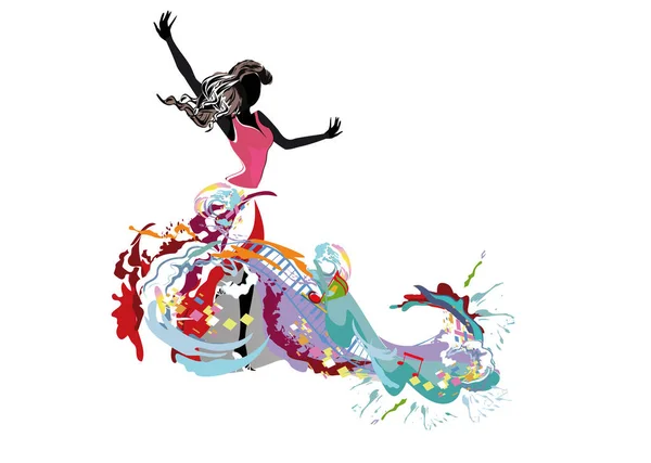 Dalgalarla Süslenmiş Dans Eden Soyut Renkli Kadınlar Çizimi Vektör Illüstrasyonu — Stok Vektör