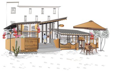 Çiçeklerle dekore edilmiş arka planlar, eski kasaba manzaraları ve sokak kafeleri. Kafenin penceresinden. Tarihi binalarla el çizimi vektör mimari arka plan. 