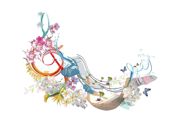 Abstract Treble Clef Decorated Summer Spring Flowers Palm Leaves Notes — ストックベクタ