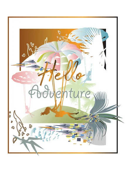 カラフルなモザイク 夏の活動で飾られた熱帯の葉や花でスローガンのデザインプリント パラグライダーの女の子 手書きのレタリングの引用 スローガンや言葉 手描きベクトルイラスト — ストックベクタ
