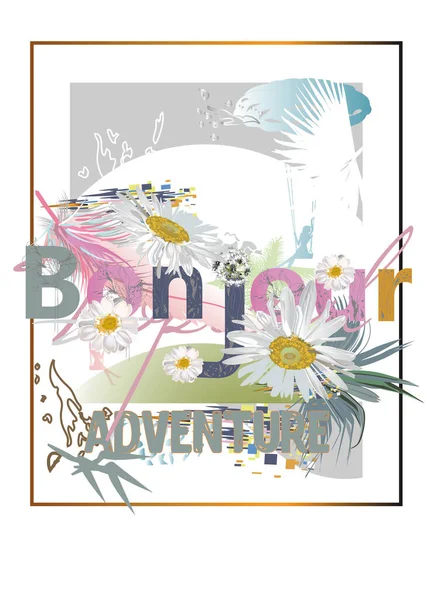 Slogan Projekt Nadruku Słowem Bonjour Tropikalne Liście Kwiaty Ozdobione Kolorowe — Wektor stockowy
