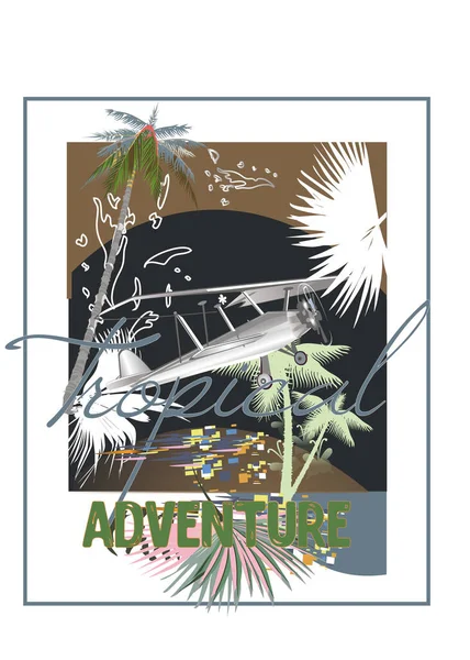 カラフルなモザイクで飾られた熱帯の葉や花 飛行機とスローガンのデザインプリント 手書きのレタリングの引用 スローガンや言葉 手描きベクトル ストックイラスト
